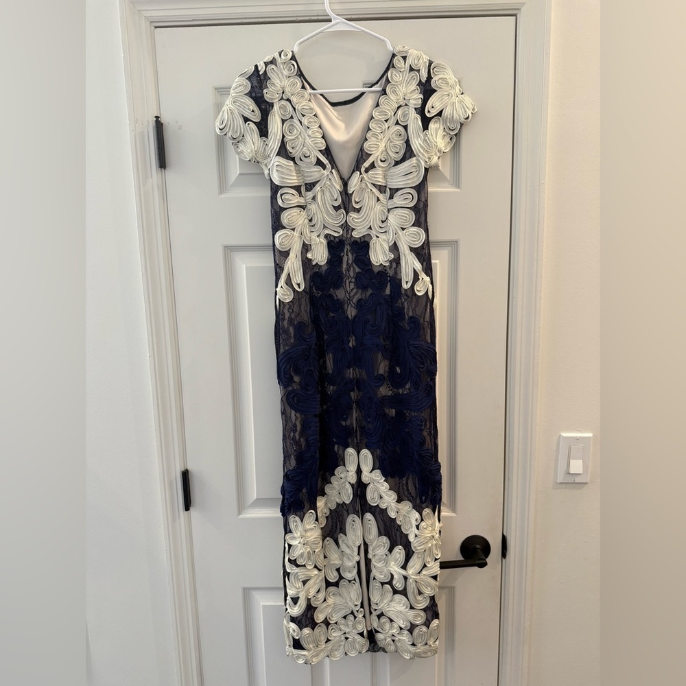 JS Collections Nordstrom Soutache Lace Embroidered Midi Dress Navy White size 4 - Picture 4 of 6
